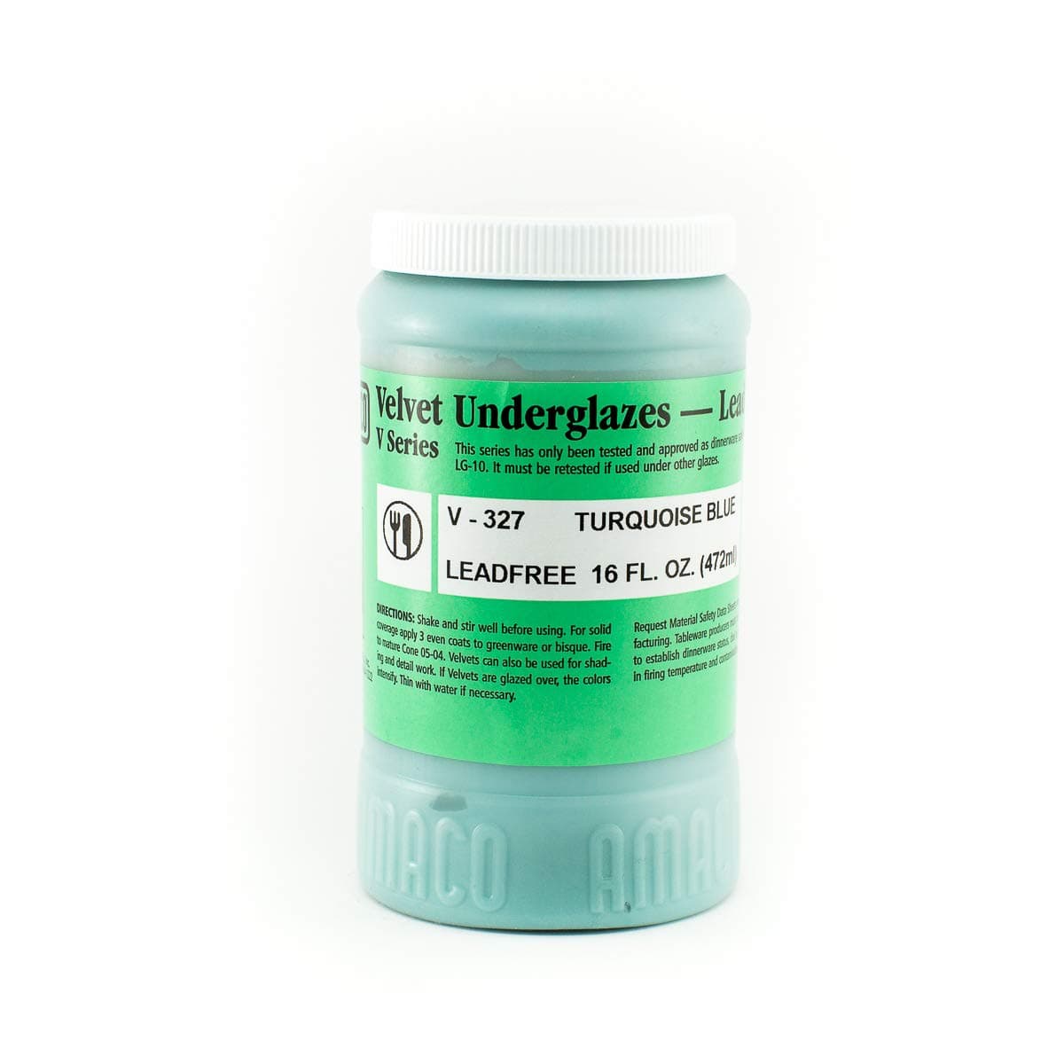 Velvet Underglaze Turquoise Blue V-327 Lead Free for Pottery Clay, Bisque, Greenware, 1-Pint