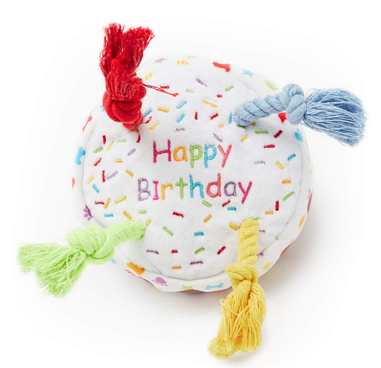 Pet London Dog Birthday Cake Squeaky Soft Plush Toy with Rope Candles in Fun Happy Bright Colours - Celebrate Your Dog's Happy Birthday - Plush Rainbow Pattern Dog Party Bday or Adoption Gift (Small)