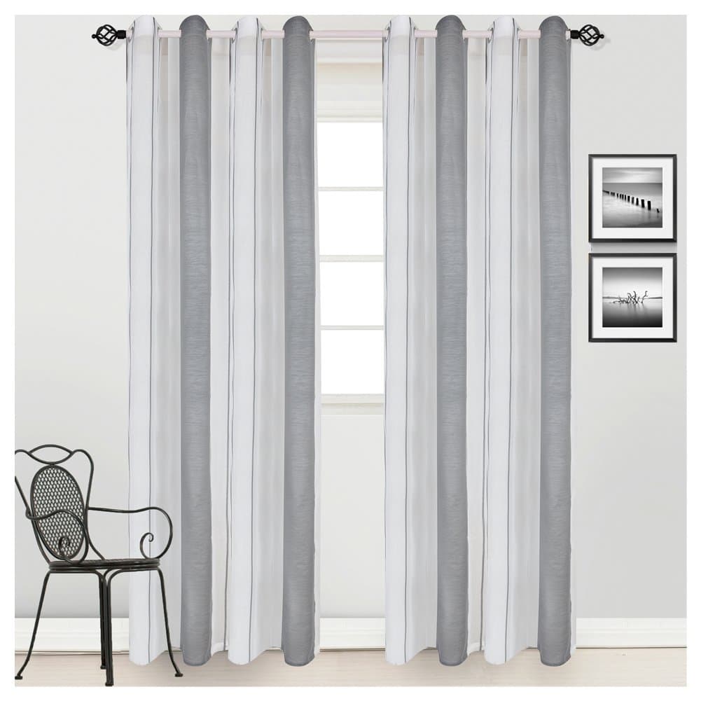 HOMTOD Grey Stripe White Sheer Voile Curtain Panel Window Eyelet Curtains Single Panel