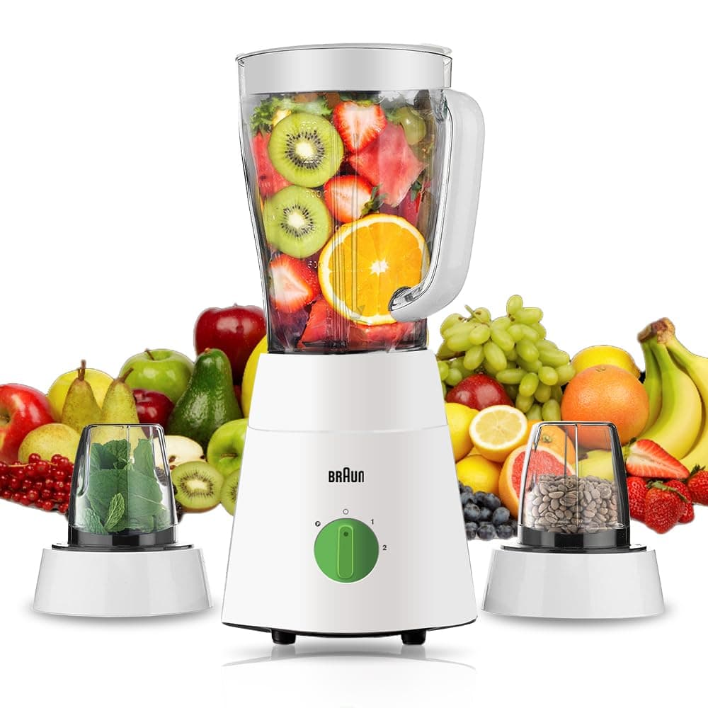 Braun PowerBlend 1 Jug Blender 500W, 1.5 L Capacity, TriAction Technology, 2 Speeds + Ice crush/pulse function. 2 Mill for grinding & chopping, Plastic - JB 0123