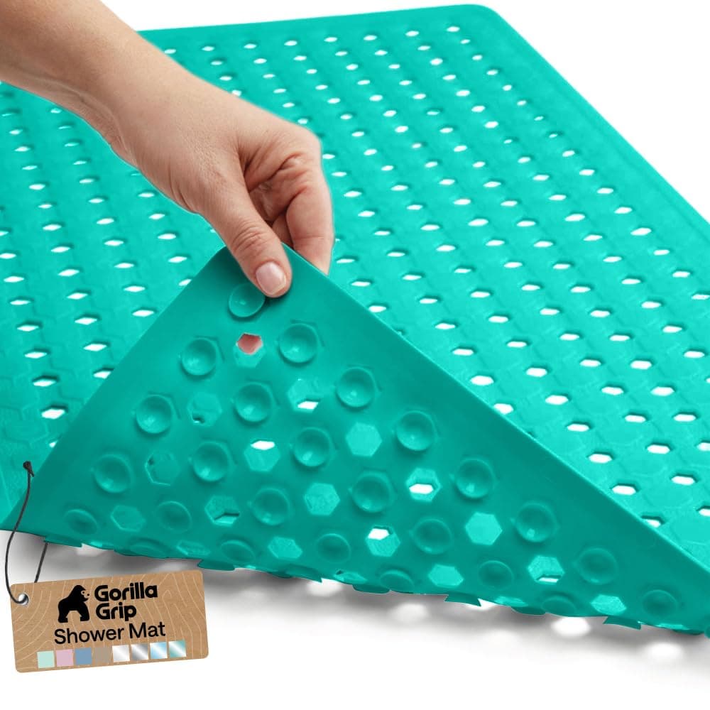 GORILLA GRIP Patented Bath Tub Shower Mat, Machine Washable Bathtub Floor Liner Mats, Suction Cups and Drain Holes to Keep Tubs Clean, Soft on Feet, Bathroom Essentials, 35x16 Inch, Turquoise Opaque
