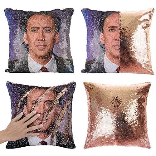 Merrycolor Mermaid Pillow Cover Magic Reversible Sequin Pillow Cover Throw Cushion Case Decorative Pillowcase That Change Color (D Nicolas Cage#1- Gold Sequins)