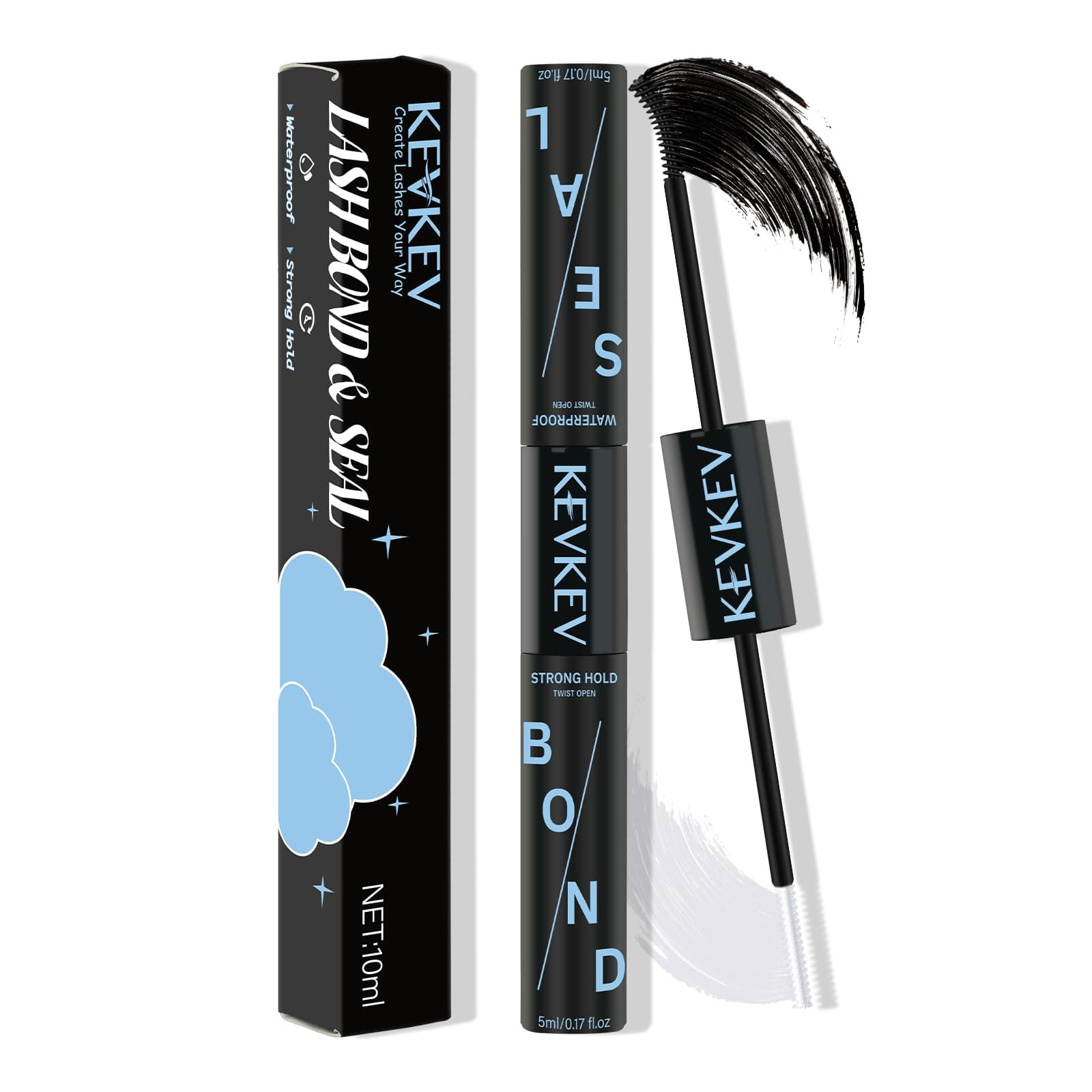 KevKev Lash Bond and Seal Lash Glue for Eyelash Extensions Strong Hold Long Lasting 48-72 Hours Lash Clusters Glue Lash Bond and Seal Waterproof Individual Lashes Bond (5ml+5ml, Black Bond and Seal)
