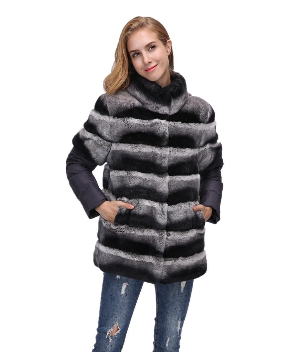 LVCOMEFF Lady Rex Rabbit Fur Chinchilla Coat with Detachable Down Sleeve Fur Vest 1708147