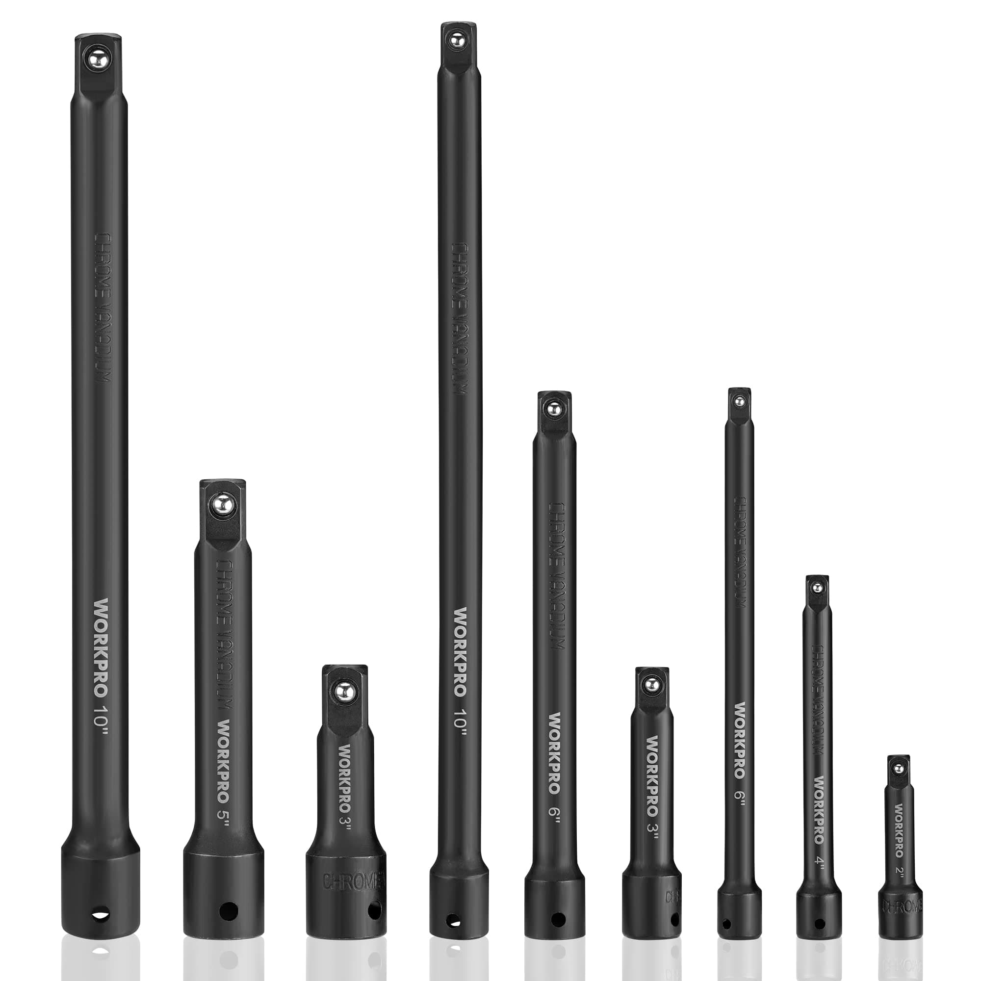 9 PCS Impact Driver Extension Bar Set, 1/4", 3/8" and 1/2" Drive Socket Extension, Premium Chrome Vanadium Steel with Black Phosphate Finish, Storage Tray Included
