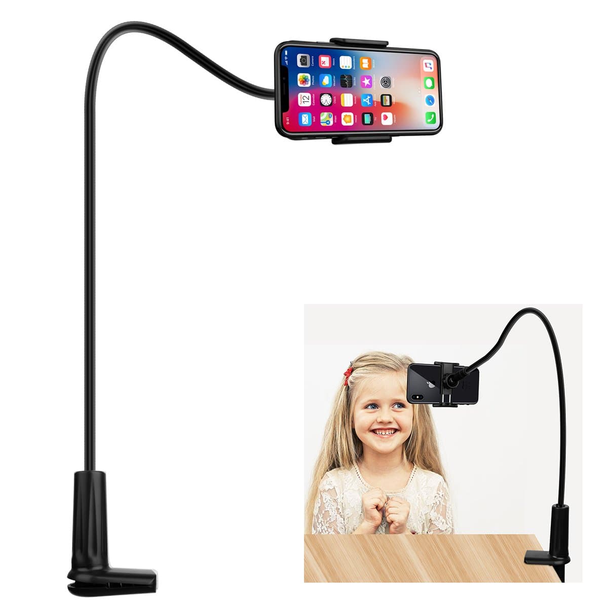 FUTESJ Flexible Gooseneck Cell Phone Stand Holder, Adjustable Long Lazy Arm Clip Clamp Phone Mount iPhone 6 6s 7 8 X Plus 5 5s 5c charging, Accessories Desk Bed-Black