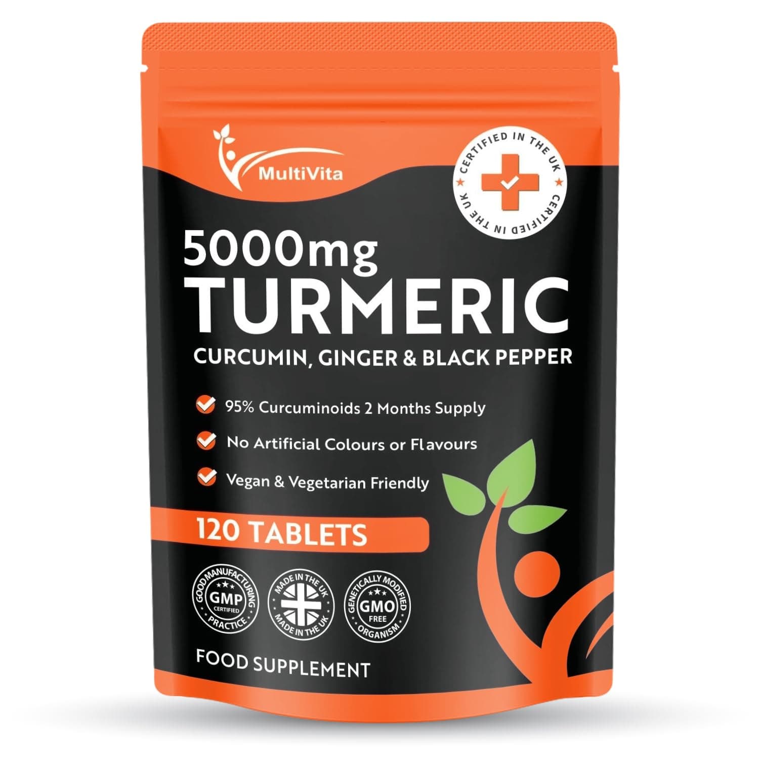 Turmeric Tablets 5000mg with Black Pepper & Ginger - 120 High Strength Curcumin Supplements - Turmeric and Black Pepper Tablets (Not Turmeric Capsules or Powder) Vegan & Gluten Free