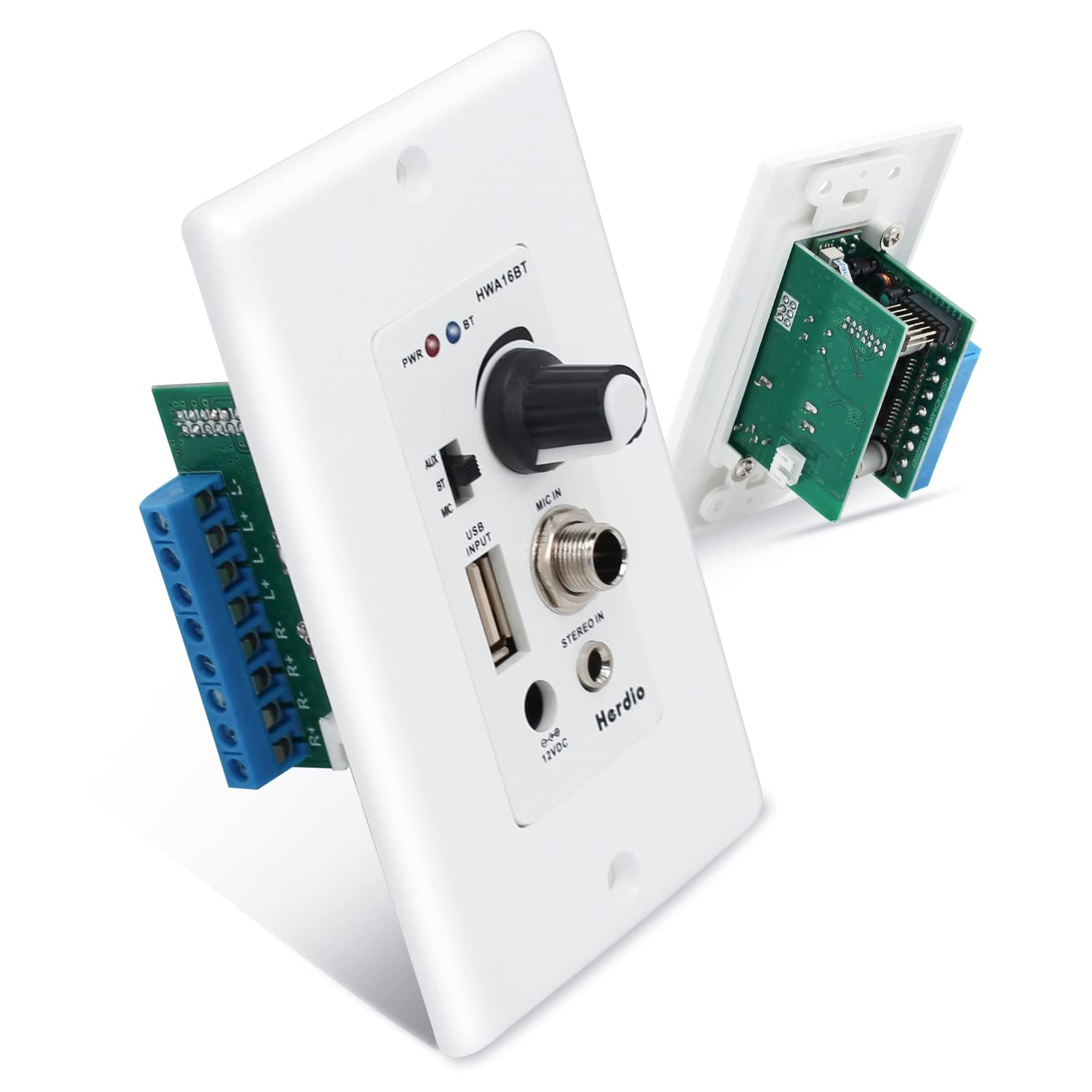 Bluetooth Wall Amplifier 4 Channels Volume Control Wall Plate USB/MIC/AUX(3.5mm) Inputs Connect 4 Speakers with 12V 3A Power Supply,HWA-16BT-4CH