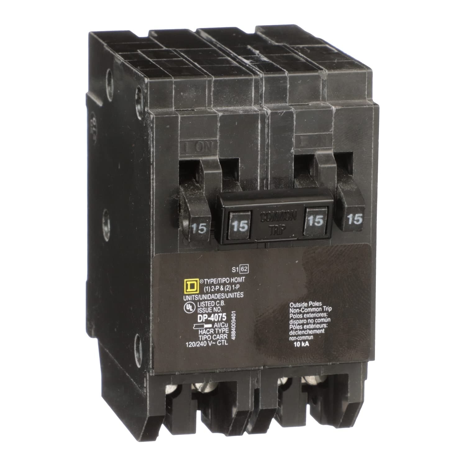 Square D by Schneider Electric HOMT1515215CP Homeline Tandem Circuit Breaker, 2x1 Pole, 1x2 Pole, 15A, 120/240VAC, 10kA AIR, Plug in, UL, Black