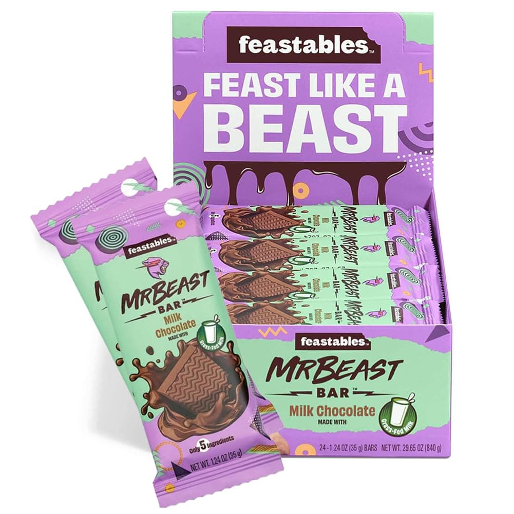 Mr Beast Original Chocolate Bars 24 Count Box - Feastables Bulk Small Size Milk Chocolate Candy Bars For Parties, Snacks, and Treats - 1.24oz Bars