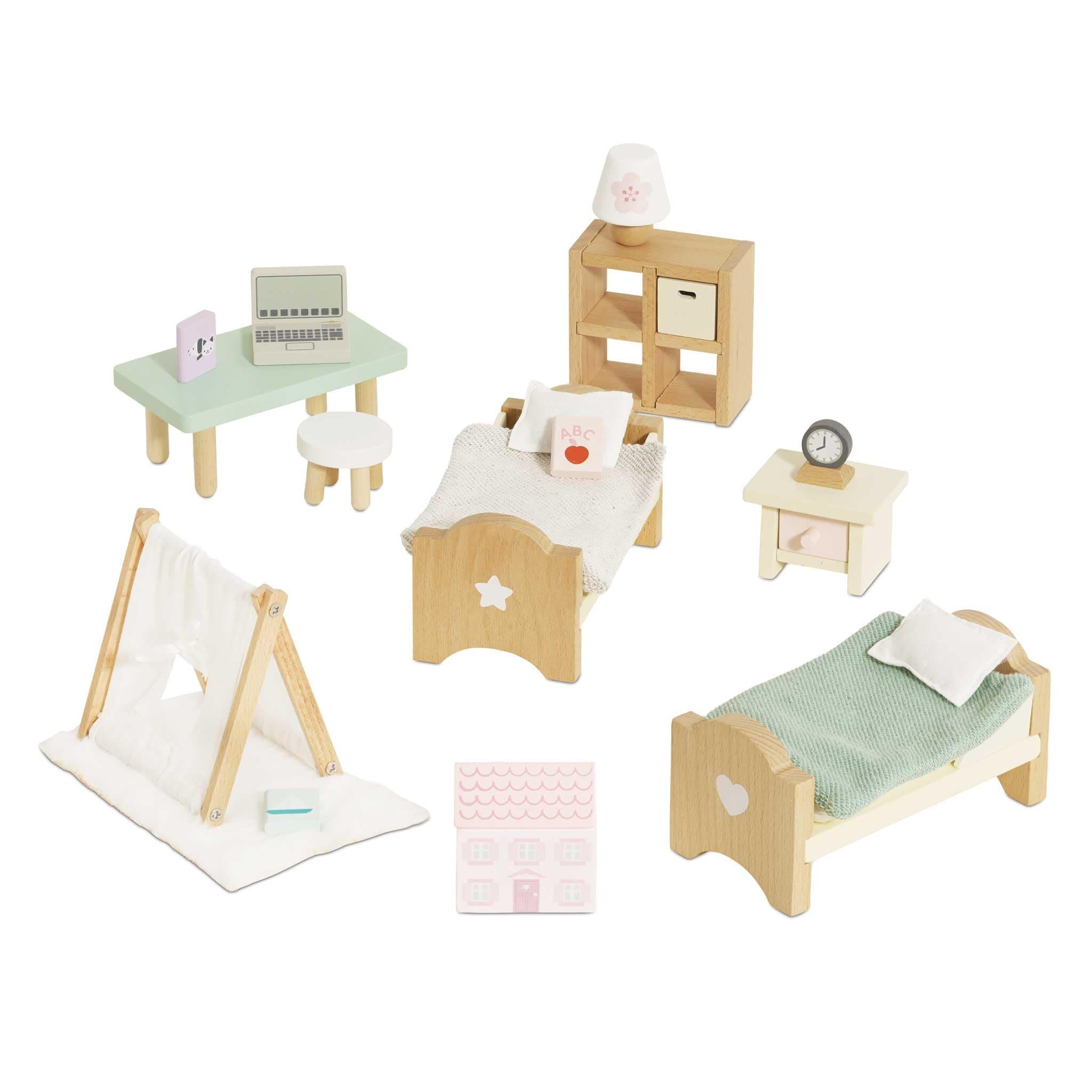 SugarPlum Wooden Bedroom Set | Dolls House Accessories Play Set For Dolls Houses | Girls and Boys Doll House Furniture Sets - Suitable For Ages 3+, Daisylane Child Bedroom (ME061)