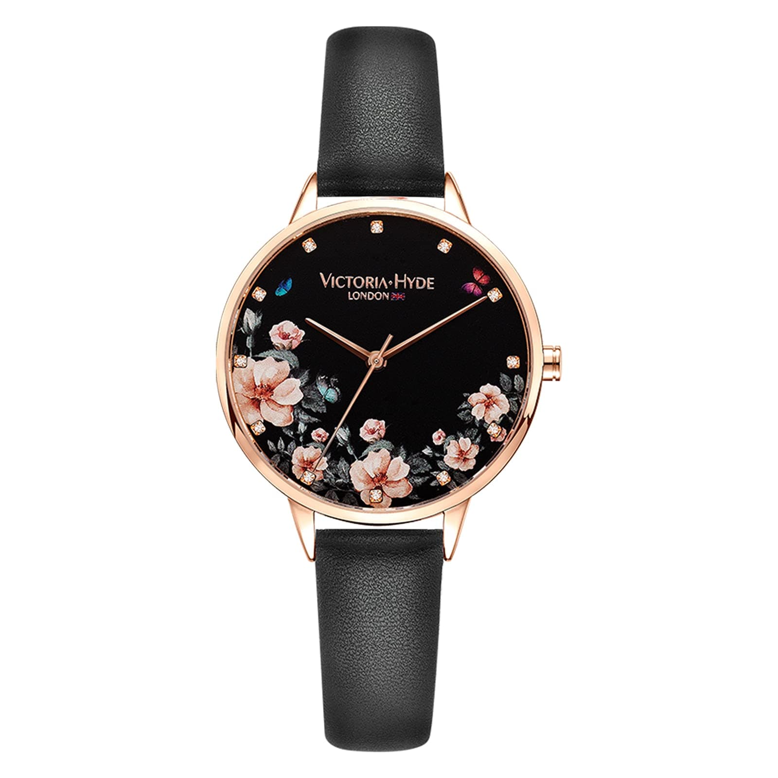 VICTORIA HYDE Women Quartz Watch Floral Face Genuine Leather Strap Black for Ladies Waterproof