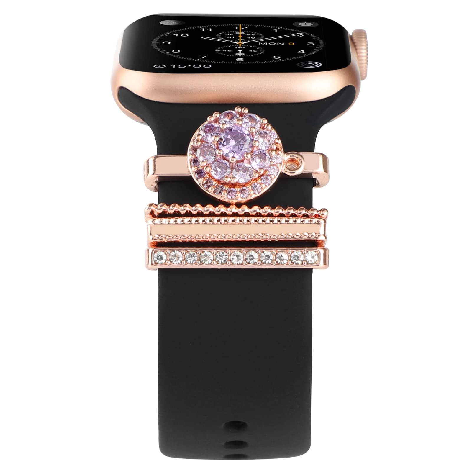 Decorative Rings Loops Compatible with Apple Watch Bands Charms 38mm 40mm 44mm 45mm 41mm 42mm, Diamond Ornament Silicone Watchband Accessories for iwatch Series 7-1 & SE (Diamond Rose Gold)