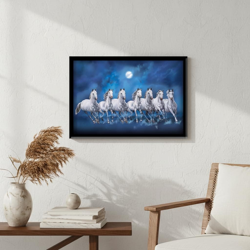 LIFEHAXTORE ® Xtore Seven Lucky Running Vastu Horses Art Framed Painting (Ocean Blue, 12 Inch x 18 Inch)