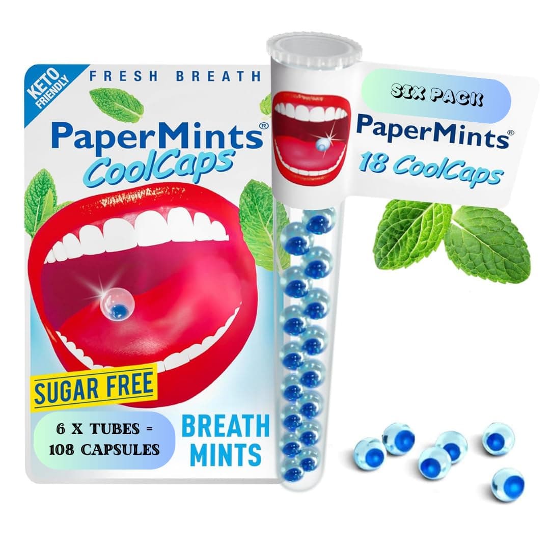 Goodbye halitosis with Cool PaperMints® Capsules - Breath Freshener Capsules (6 Tubes of 18 Capsules)
