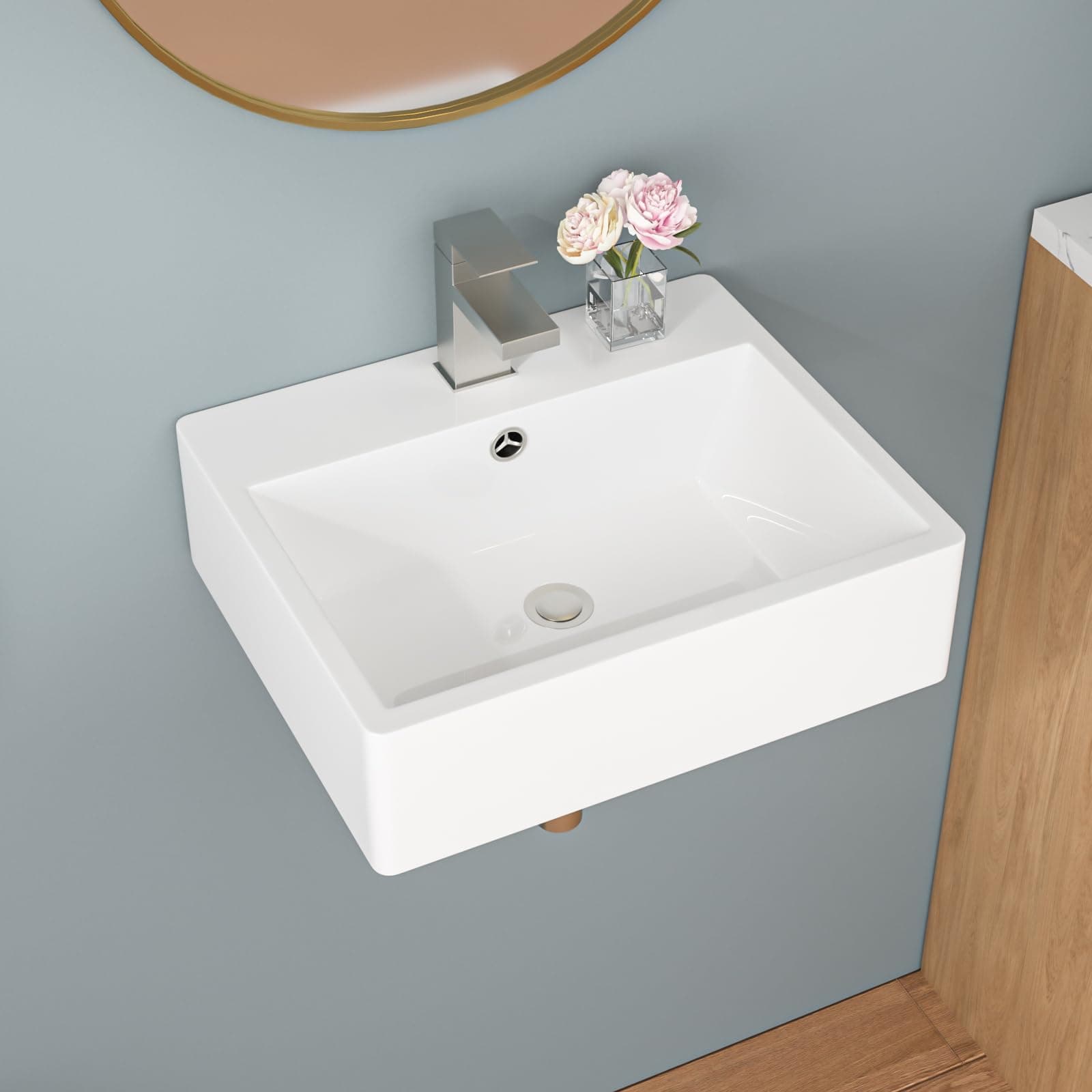 Sarlai Wall Mount Vessel Sink - 21 x 16 Inch Wall Mounted Bathroom Sink White Wall Hung Rectangle Porcelain Sink With Overflow Ceramic Basin Floating Lavatory Sinks