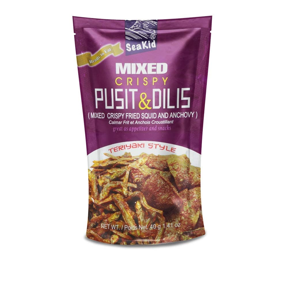 Seakid Crispy Pusit & Dilis Teriyaki Style - Fried Squid & Anchovies Nutricious Snack 1.41oz (40g), 6 Packs