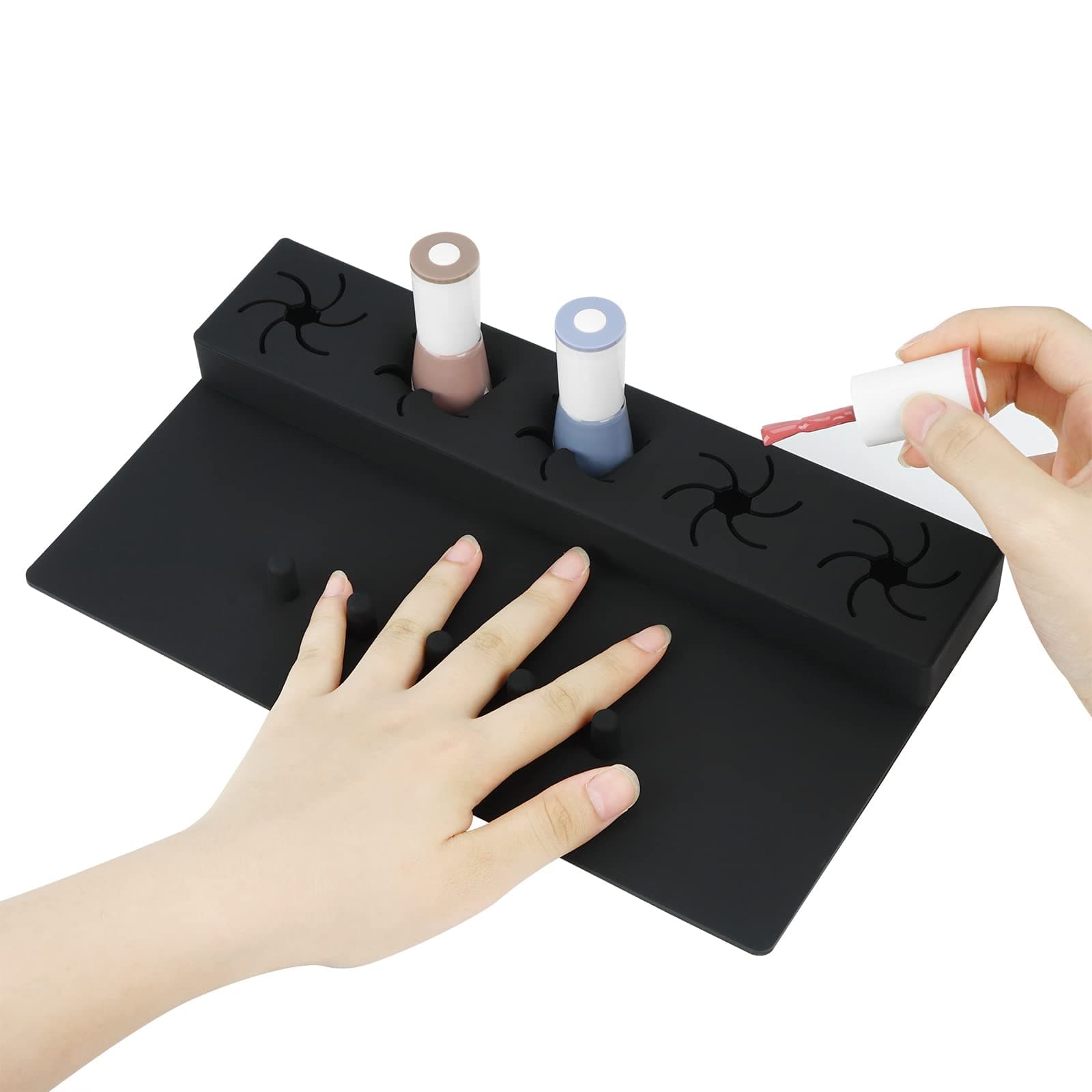 Adorila Nail Polish Holder Silicone Fingernail Painting Tools, Nail Polish Organizer with Fixed Finger, Nails Art Accessories Case with Anti-Spill Bottle Stand (Black)