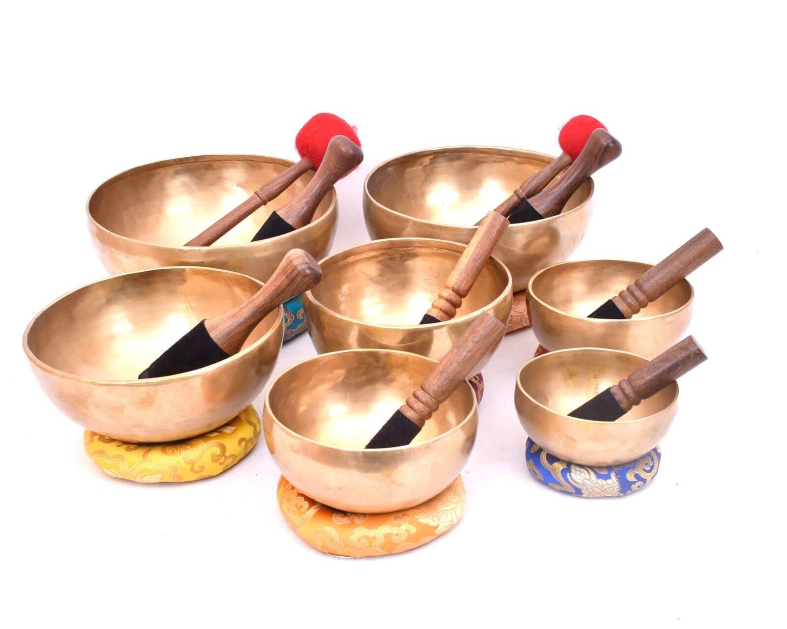 Set of 7 pieces ~ Hand Hammered Yoga Meditation Bowls 5"-10" included 7 Mallets, 7 cushions & 1 drum stick.