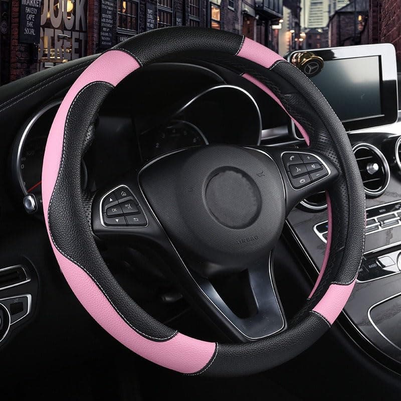 Unisex's Sport Style Contrast Color Non-slip Sweat Good Breathable PU Leatherette 15 inch Car Steering Wheel Cover 38cm Pink