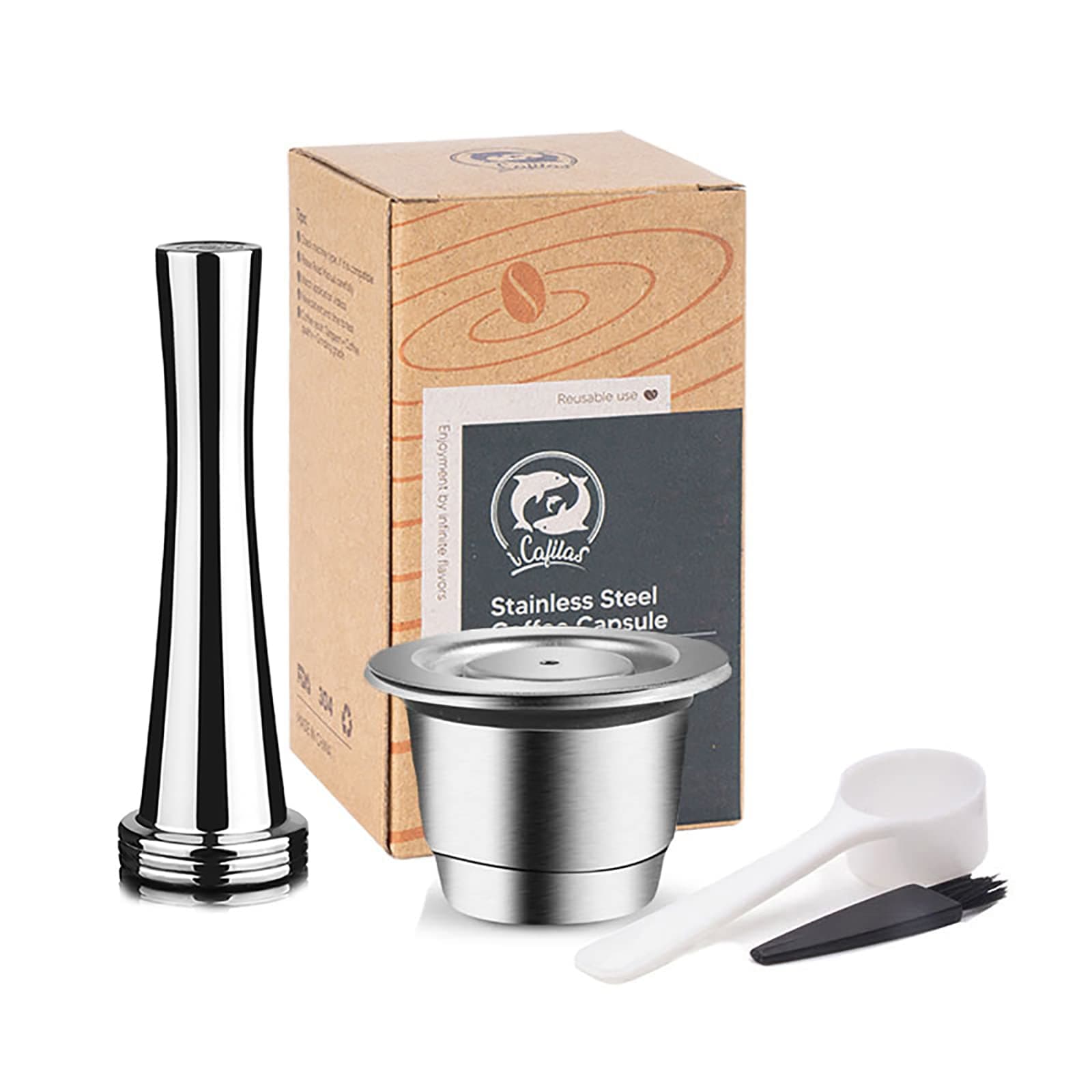 i CafilasReusable Coffee Pods with Tamper , Stainless Steel Refillable Coffee Espresso Capsules, Compatible with Nespresso Original Line Brewers (Classic version)