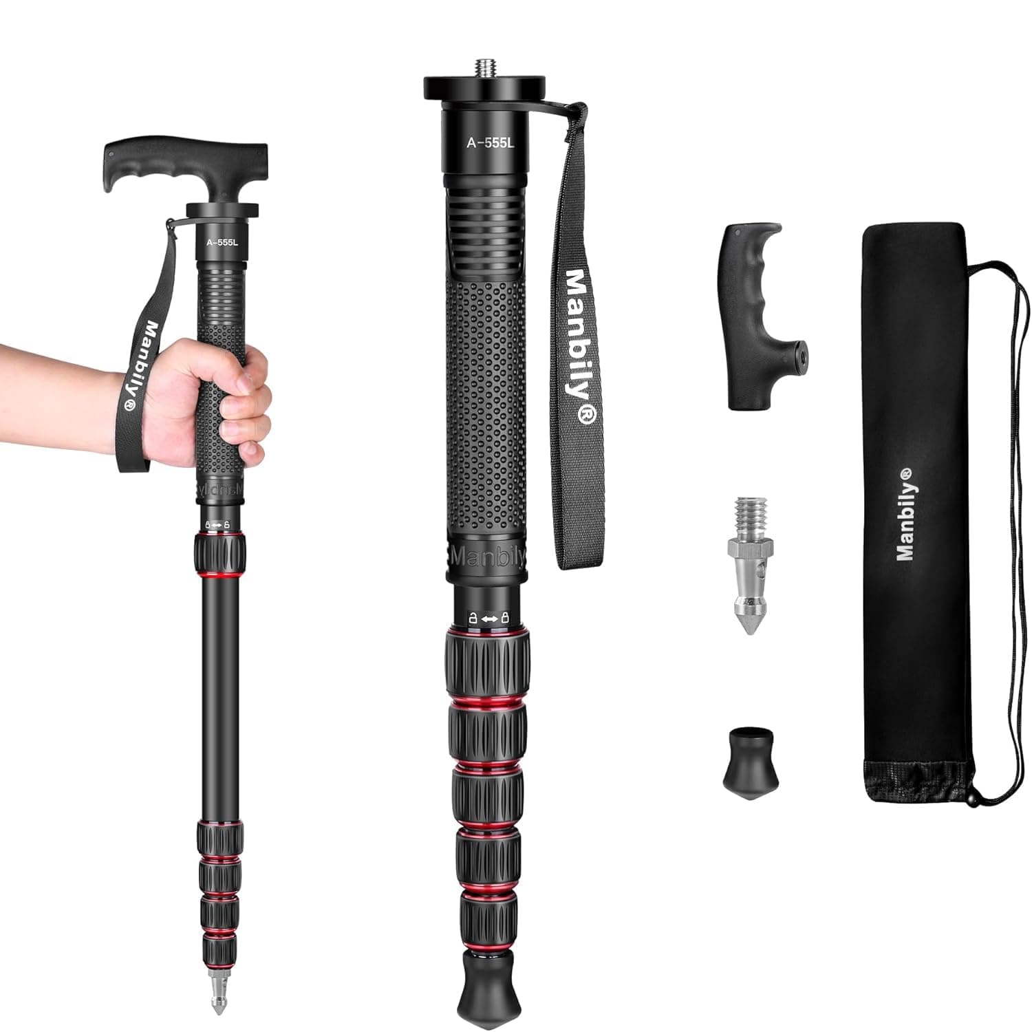 Manbily Monopods for Cameras with Handle Camera Monopod Walking Stick 61inches Portable Compact Travel Monopod Aluminum Alloy Stick Selfie Stick 6 Sections 15.4lbs for DSLR Video Camcorder Stand (Red)