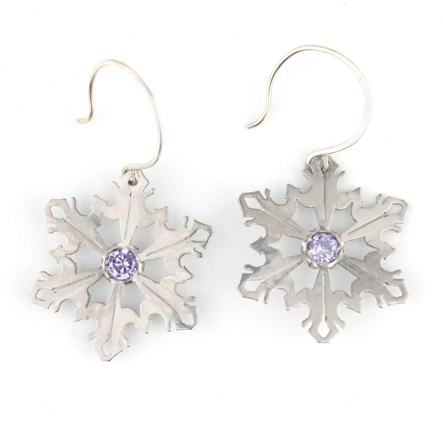 Snowflake Earrings, Stainless Steel with Lavender Cubic Zirconia, Sterling Earwires