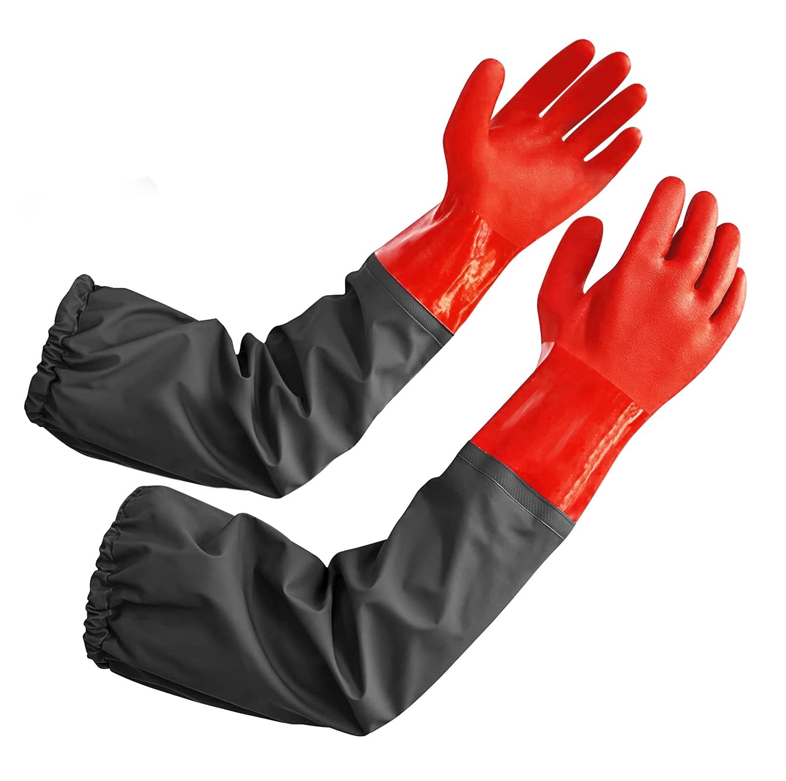 25-inch Pond Gloves Long Waterproof Aquarium Gloves for Dishwasher and Pond Cleaning, Heavy Duty Long Rubber Gloves for Aquarium with Cotton Lining, Red