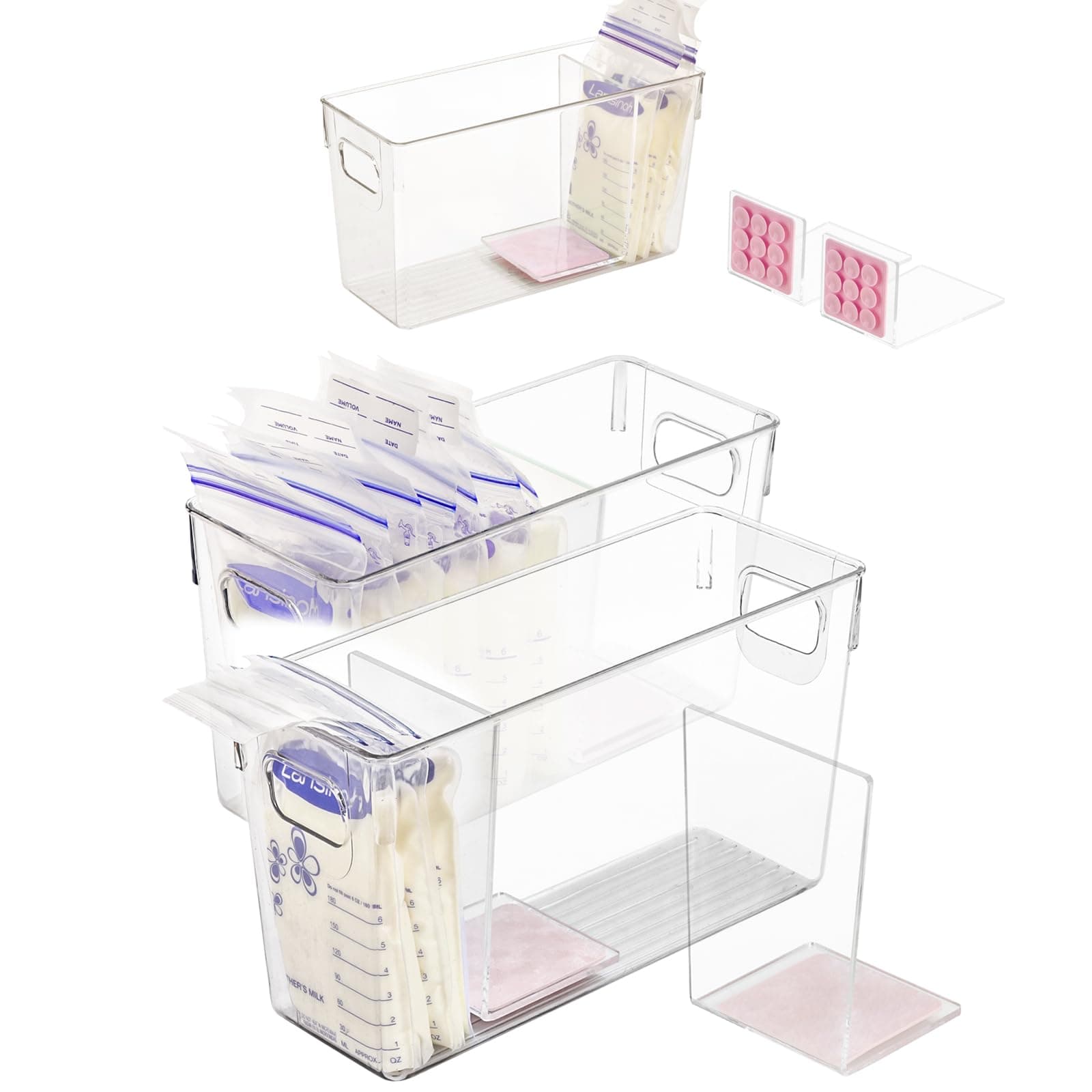 UgotfeelsBreastmilk Storage Container with L Shaped Separator Plates, Plate Will Flatten Standing Breast Milk Bags in Organizer Bins to Save Refrigerator Space | 2 Containers Plus 4 Pink Plates in Total.
