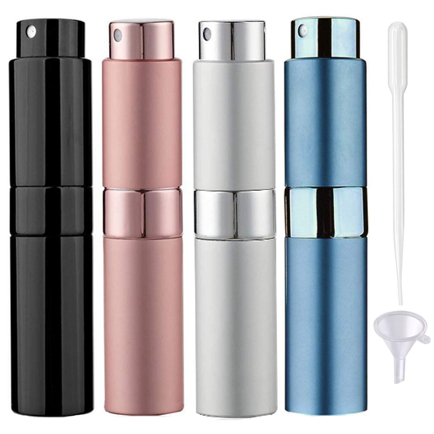 JamHooDirect 8ml Perfume Bottles Fine Mist Metal Aftershave Atomisers Refillable Travel Mini Portable Empty Spray Bottle 4pcs- Pink, Blue, Silver, Black