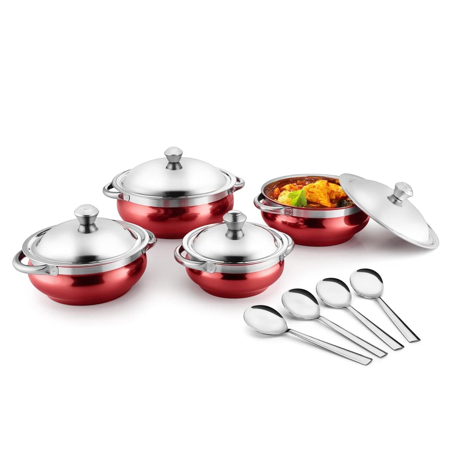 Jensons Essentials Stainless Steel 4 Pcs Handi Set with lid & 4 Serving Spoon - Red