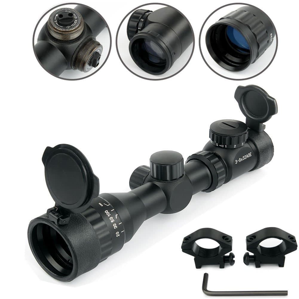 UniqueFire 3-9x32 Red and Green Illuminated Scope Sights, Fog-proof Mil-dot Illuminated Optics Sight Scope with 25.4mm Mount Christmas Gift (Black)