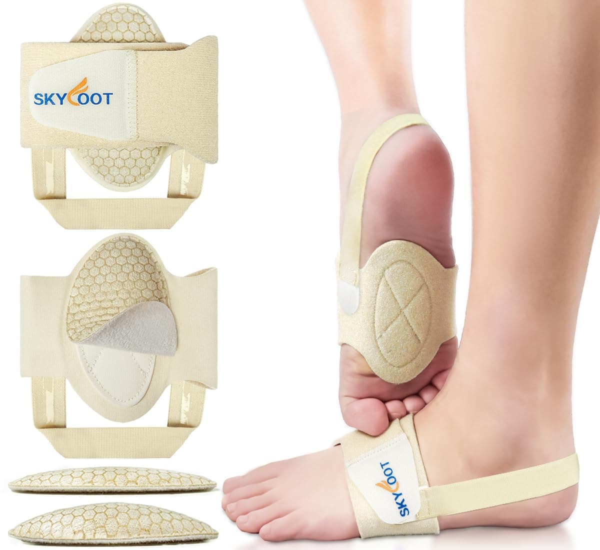 Skyfoot Arch Support Compression Sleeves for Flat Feet, Adjustable Foot Bands and Alternative Gel Arch Pads for Fallen Arch, Arch Pain (with Heel Strips)