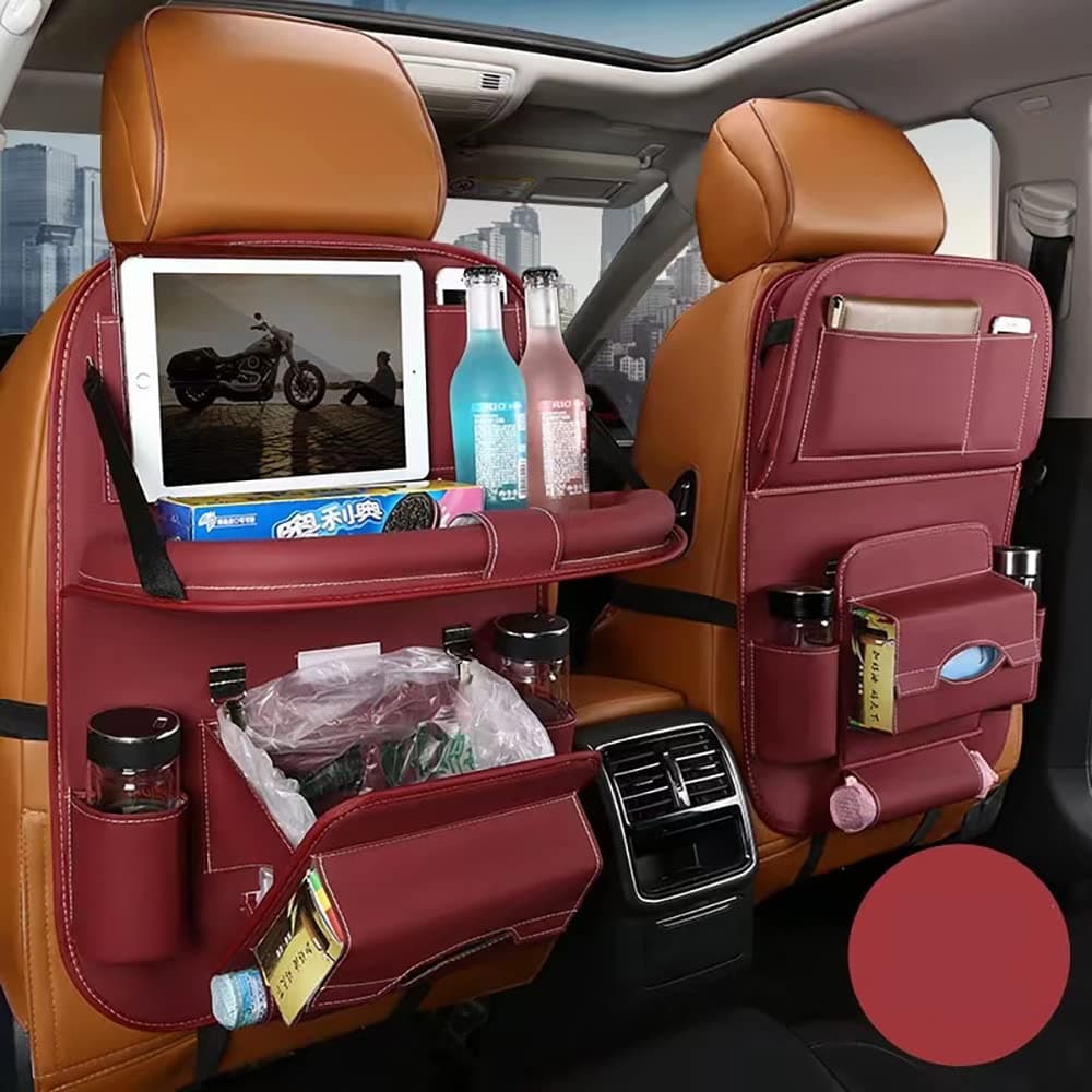Car Backseat Organizer with Tablet Holder,9 Storage Pockets PU Leather Car Storage Organizer with Foldable Table Tray Car Seat Back Protectors Kick Mats Travel Accessories 2 Pack,Black