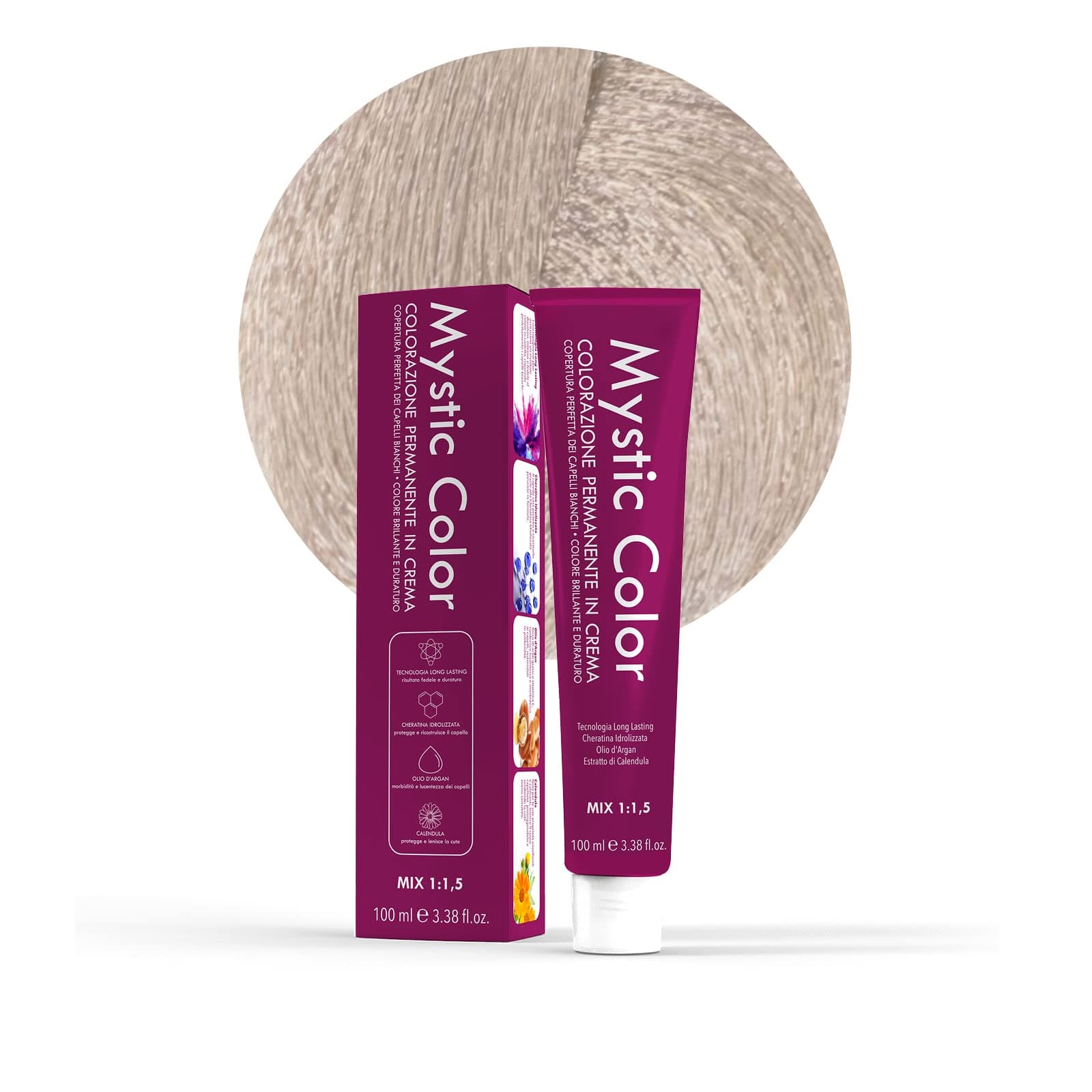 Mystic Color - Permanent Cream Colouring with Argan Oil and Calendula - Long Lasting Hair Dye - Natural Platinum Ash Blonde Color 10.1-100ml