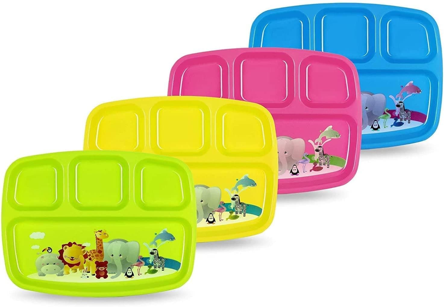 Toddler Plates With Dividers - Set of 4 Kids Plates with 4 - Compartment Brightly Colored Children Dinner Divided Tray Dishwasher Safe BPA Free Plate With Fun Zoo Design