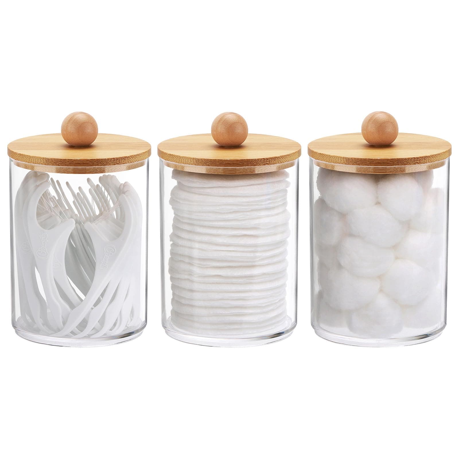 Tbestmax 10 Oz Cotton Swab/Ball/Pad Holder, Qtip Apothecary Jar, Clear Bathroom Containers Dispenser for Storage 3 Pack Wood Lids