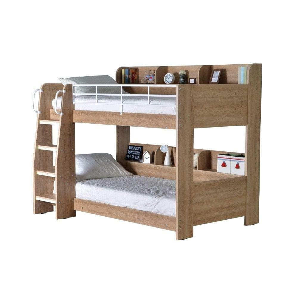 happybeds Domino Oak Wooden and Metal Kids Storage Bunk Bed with 2x Spring Mattress 3' Single 90 x 190 cm