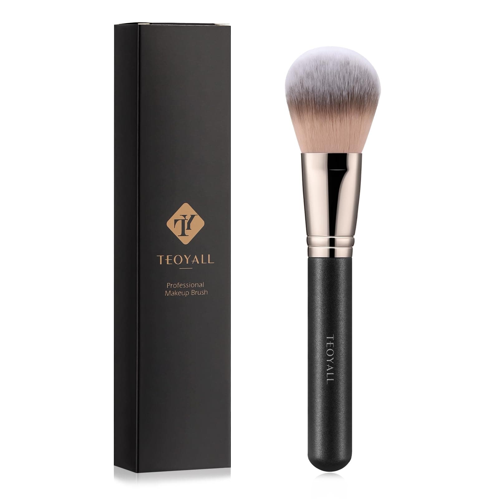 TEOYALL Powder Setting Brush, Ultra Plush Synthetic Bristles, Black, Wood Handle, Silver Ferrule, Kabuki Brush, For Setting Powder, Foundation