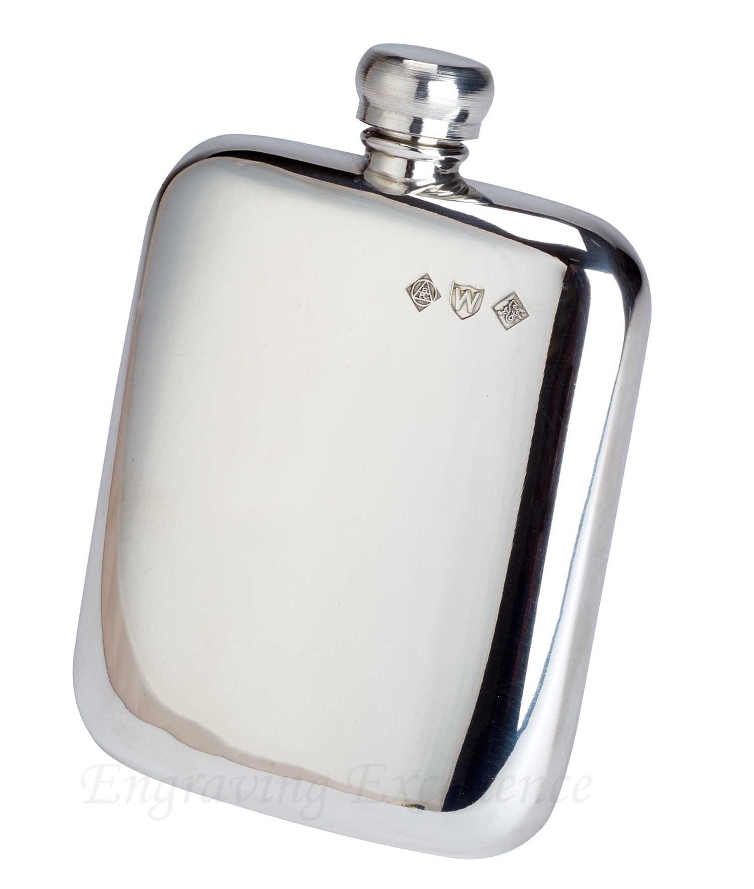 Personalised Engraved 5.5oz Pewter Hip Flask. Hallmarked and Made in Sheffield