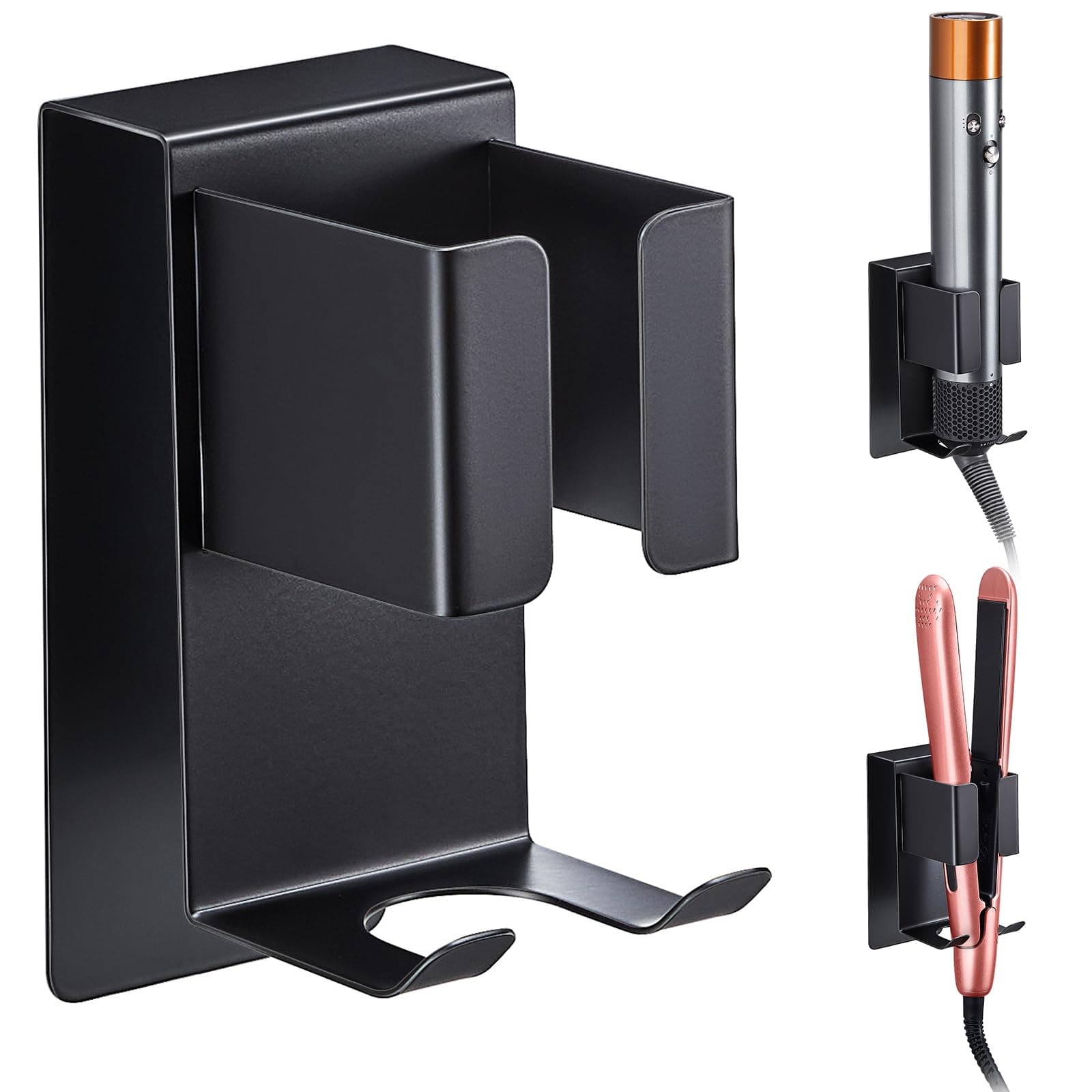 Curling Iron Holder Wall Mount, Hair Straightener Holder, Adhesive Hair Tool Organizer Storage for Styler Attachments, Flat Iron, Blow Dryer Holder for Bathroom Vanity (Black, 1Pc)