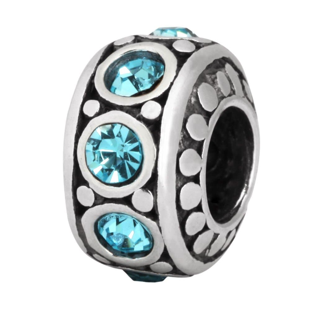 Sterling Silver Charm March Birthstone Charm Bead Aquamarine Swarovski Crystal fits All Charm Bracelet Women Girls Mother’s Gifts EC212