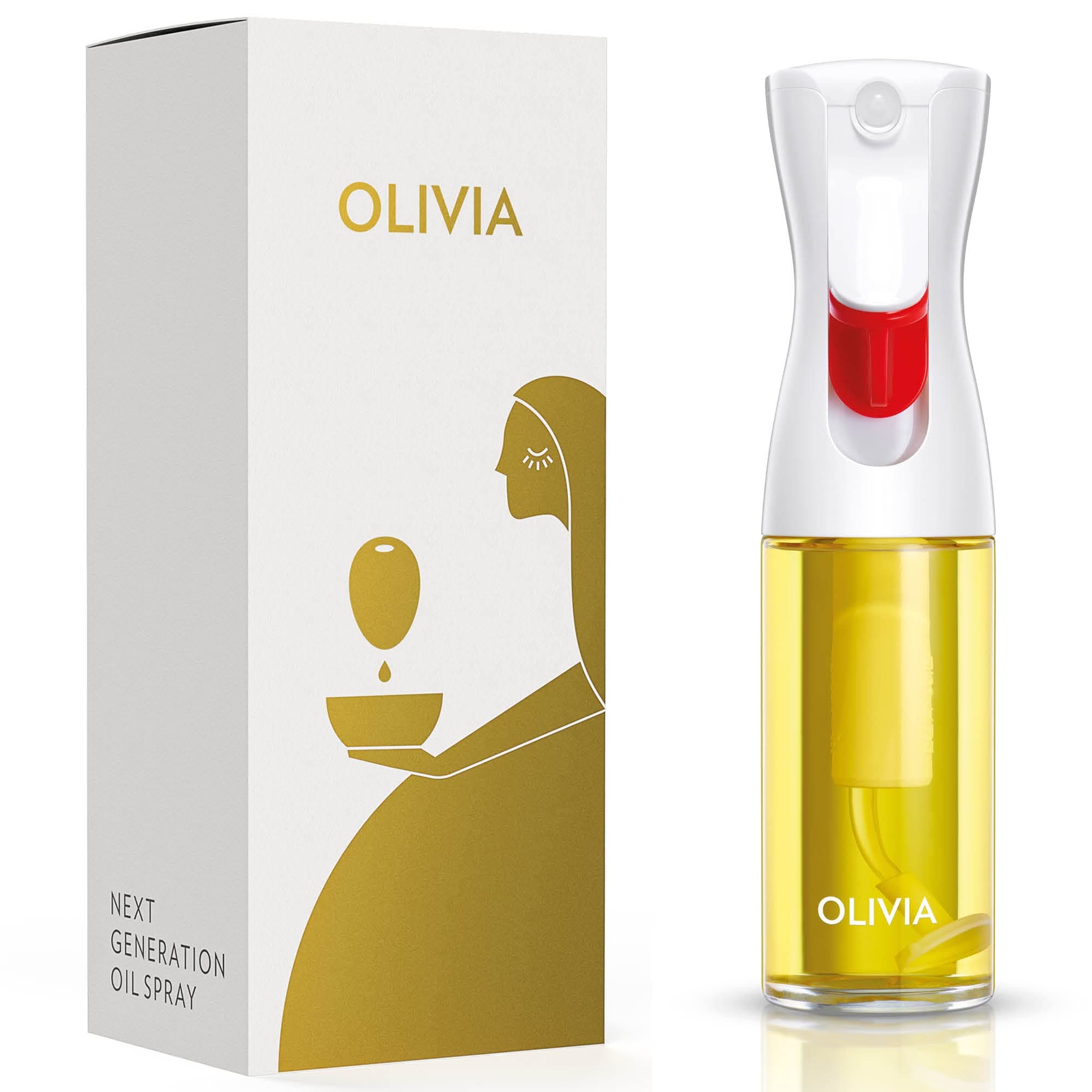 OLIVIA. The Original Advanced Oil Sprayer for Cooking, Kitchen, Salads, BBQs, Continuous Spray with Portion Control, 130ml Glass Olive Oil Sprayer(White Print)