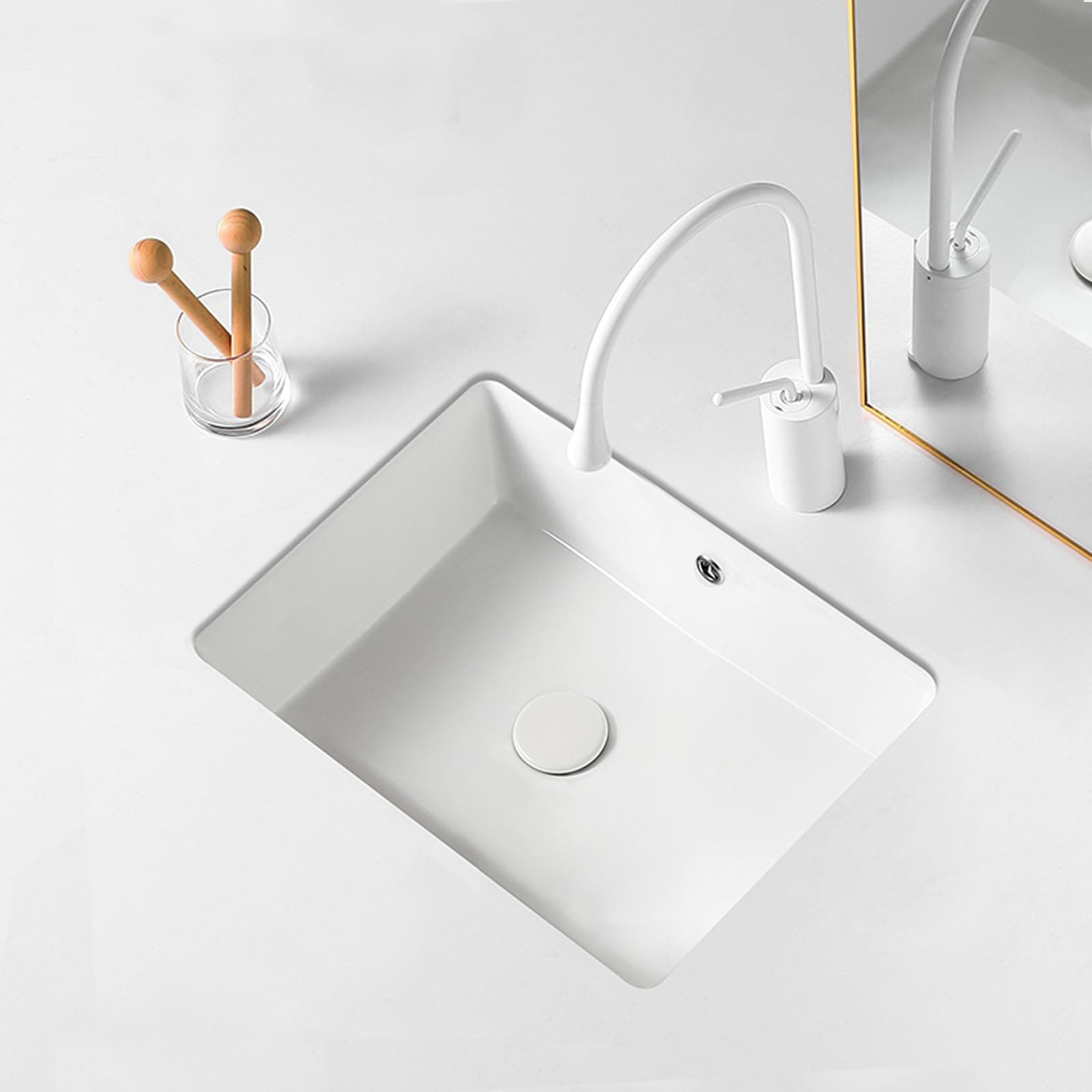 - 17-Inch Undermount Bathroom Sink, White Ceramic Rectangular Vanity Sink with Overflow, Modern Under Counter Lavatory Basin for Bathroom Vanity, UB-06