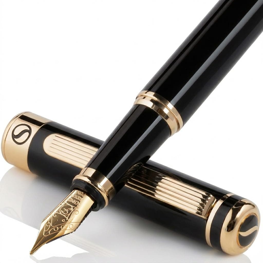 Black Lacquer Fountain Pen Stunning Pen, Real Gold Plating, Schmidt Gilded Nib (Fine), Best Pen Gift Set for Men & Women, Professional, Executive, Office, Nice Pens