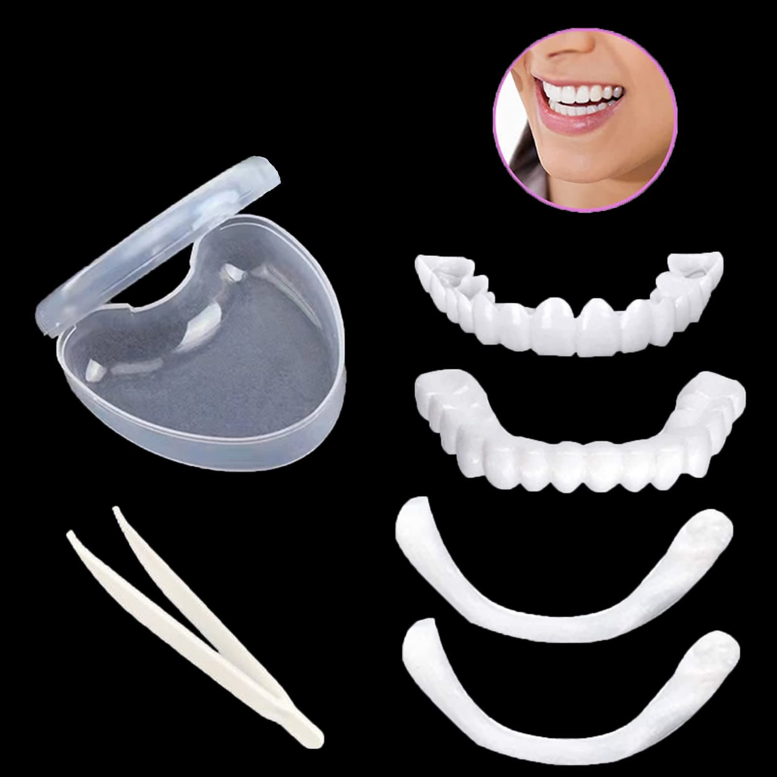 1Set Dentures Veneers Tooth,Temporary Smile Snap Tooth,Dental Care Kits for Anti Molar Orthodontic Cosmetic Teeth(White,1Top+ 1Bottom+2Adhesives+1Tweezers+1Heart-Shaped Storage Box)