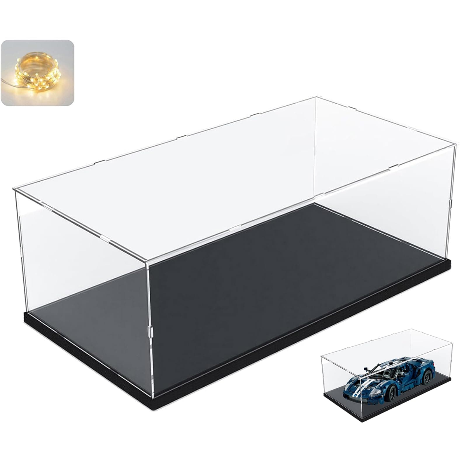 Lego BTS Dynamite 21339 Collectors Thick Clear Acrylic Display Case, Clear Box Storage Organizer Protective Showcase with Wood Plastic Base & Light, Black Interior 17.7x9.8x7.9 inch