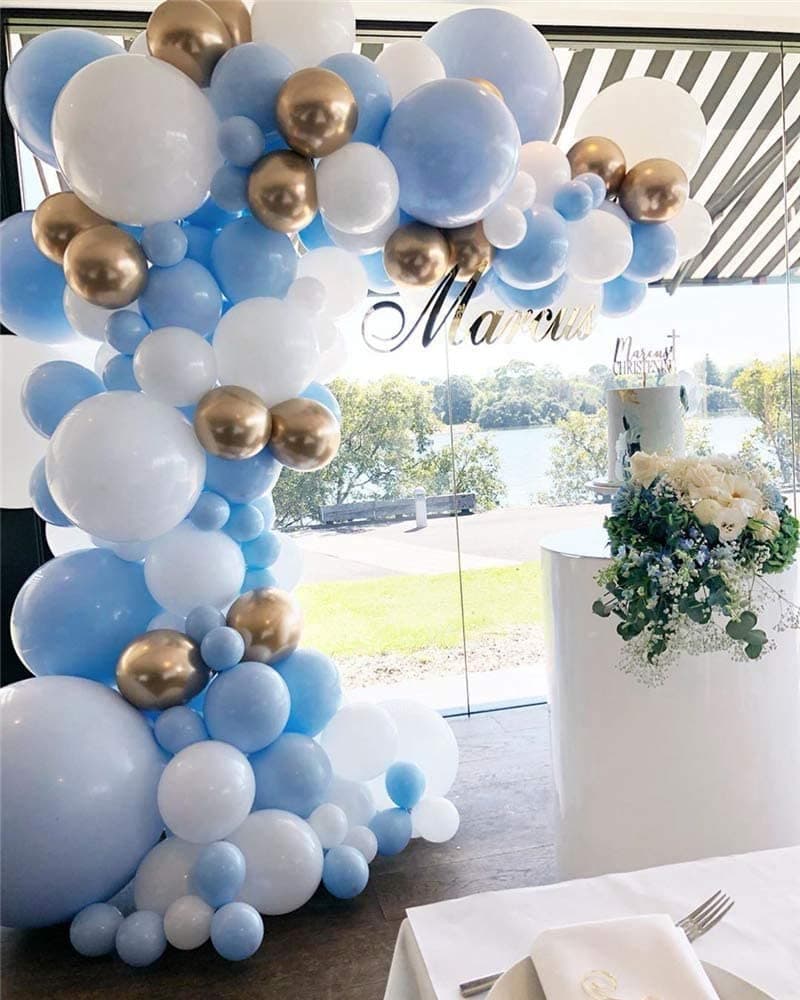 Blue White Gold Balloon Garland Arch Kit Metallic Chrome God Ballons with Macaroon Blue White Latex Balloons for Birthday Wedding Bridal Shower Party Baby Shower Decoration