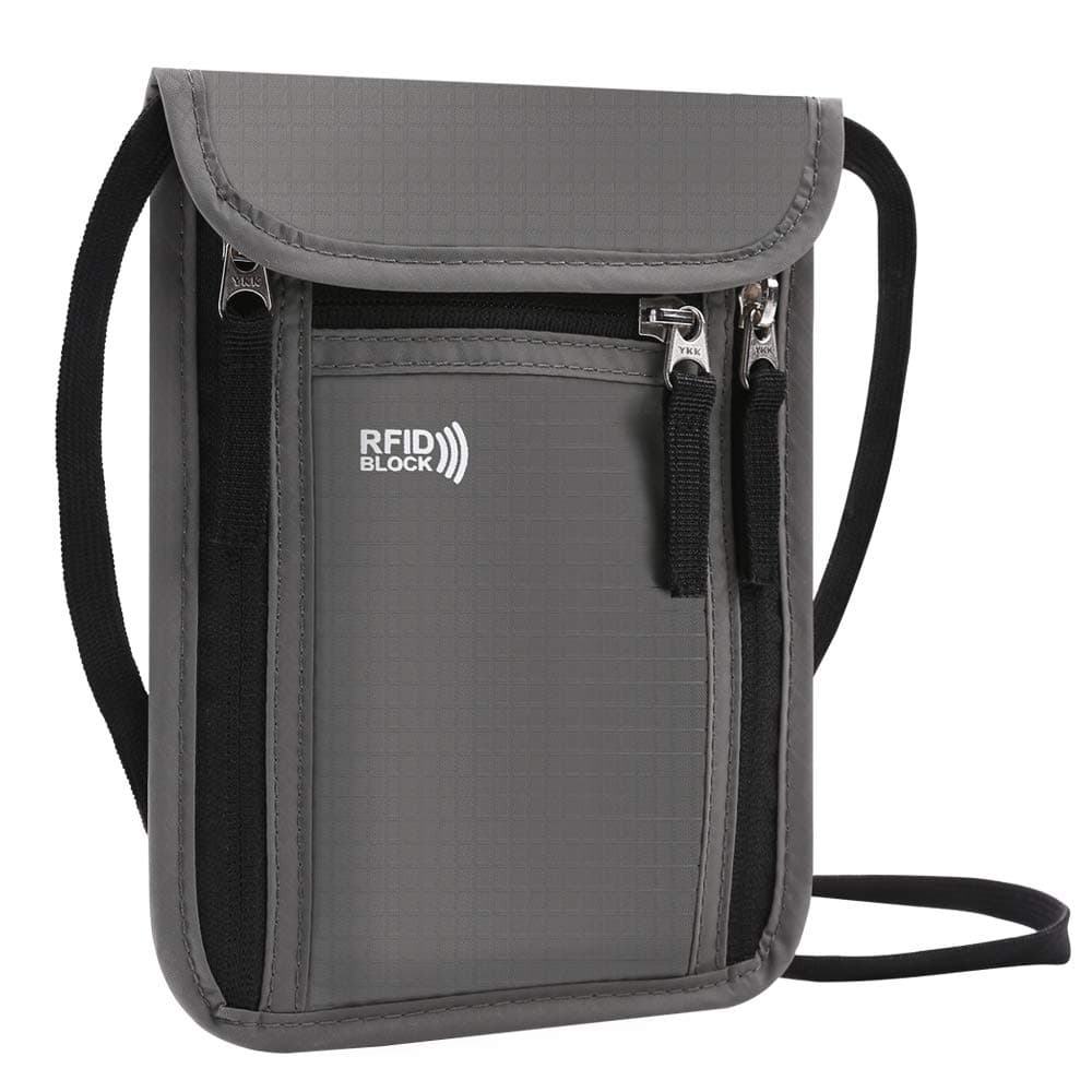 Passport Holder Travel Neck Pouch with RFID Blocking, KEAFOLS Security Zipper Organized Wallet to Keep Cash Documents Safe (Gray)
