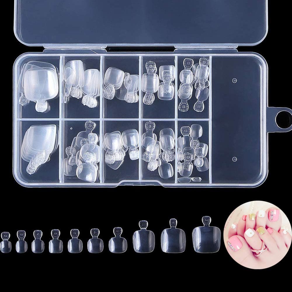 Vcedas 100 PCS False Toenails Full Cover Artificial French Toenail Acrylic Kit 10 Sizes with Box for Nail Salon Toe Art Nails (Clear)